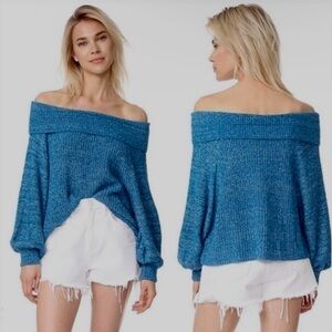 Free People Off-Shoulder Knit Sweater Balloon Sleeves S Small GUC Blue Speckled